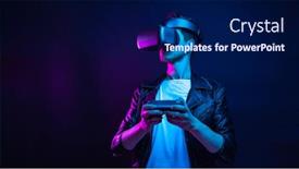  Presentation with virtual reality - Cool new PPT theme with handsome-young-man-using backdrop and a navy blue colored foreground