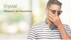  Presentation with breath - Amazing slide deck having handsome young man wearing headphones smelling something stinky and disgusting intolerable smell holding breath with fingers on nose bad smells concept backdrop and a cream colored foreground