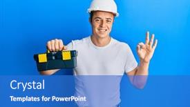  Presentation with safety - Slide deck enhanced with handsome-young-man-wearing-safety background and a teal colored foreground