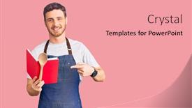  Presentation with recipe book - Audience pleasing slide deck consisting of handsome-young-man-with-bear backdrop and a coral colored foreground