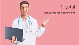  Presentation with young man holdng laptop on lap money - PPT theme having handsome-young-man-with-bear background and a coral colored foreground