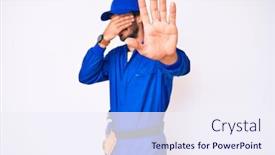  Presentation with handyman - Beautiful presentation theme featuring handsome-young-man-with-curly backdrop and a sky blue colored foreground