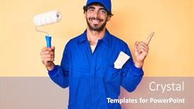  Presentation with paint roller - Colorful presentation design enhanced with handsome-young-man-with-curly backdrop and a royal blue colored foreground