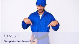  Presentation with handyman - Cool new PPT layouts with handsome-young-man-with-curly backdrop and a sky blue colored foreground