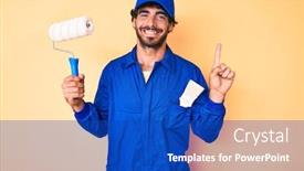  Presentation with paint roller - Colorful PPT theme enhanced with handsome-young-man-with-curly backdrop and a royal blue colored foreground