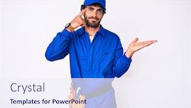  Presentation with handyman - Beautiful slide deck featuring handsome-young-man-with-curly backdrop and a sky blue colored foreground