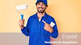  Presentation with paint roller - Cool new theme with handsome-young-man-with-curly backdrop and a royal blue colored foreground