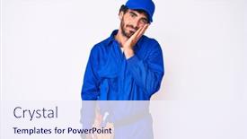  Presentation with handyman - Colorful presentation design enhanced with handsome-young-man-with-curly backdrop and a sky blue colored foreground