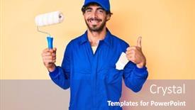  Presentation with paint roller - Slide deck featuring handsome-young-man-with-curly background and a cobalt blue colored foreground