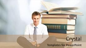  Presentation with stack books - Colorful presentation enhanced with handsome young man with laptop sitting near stack of books on table on bright background backdrop and a coral colored foreground
