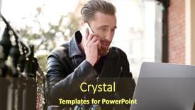  Presentation with phone - Colorful PPT theme enhanced with handsome young man with phone and laptop at cafe backdrop and a tawny brown colored foreground