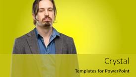  Presentation with overworked - Amazing slide deck having handsome young man with sleepy expression being overworked and tired backdrop and a gold colored foreground