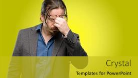  Presentation with overworked - Beautiful theme featuring handsome young man with sleepy expression being overworked and tired rubbes nose because of weariness backdrop and a gold colored foreground