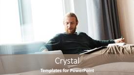  Presentation with home documents - Amazing PPT layouts having handsome young man working at home sitting on a couch using laptop computer analyzing documents backdrop and a coral colored foreground