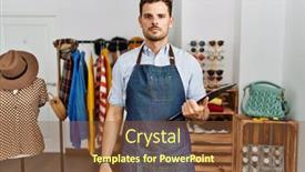  Presentation with retail solutions - PPT theme enhanced with handsome-young-man-working background and a tawny brown colored foreground