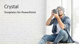  Presentation with handsome - Presentation design consisting of handsome young photographer sitting background and a white colored foreground