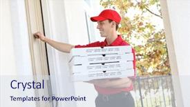  Presentation with pizza delivery - PPT theme featuring handsome young pizza delivery man background and a sky blue colored foreground