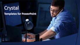  Presentation with late - PPT theme having handsome young programmer working background and a navy blue colored foreground