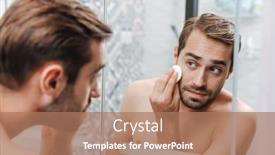  Presentation with handsome - Colorful presentation enhanced with handsome young shirtless man applying aftershave lotion with a cotton pad while standing at the bathroom mirror backdrop and a coral colored foreground