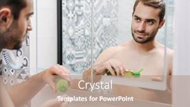  Presentation with lotion - Cool new presentation design with handsome young shirtless man applying aftershave lotion while standing at the bathroom mirror backdrop and a coral colored foreground