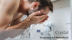  Presentation with bathroom - Presentation having handsome young shirtless man washing his face while standing at the bathroom sink background and a light gray colored foreground