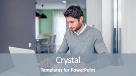  Presentation with working - Colorful slide deck enhanced with handsome young smiling businessman working backdrop and a  colored foreground