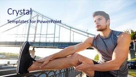 Presentation with railing - PPT layouts with handsome young sports man doing stretching leaning against bridge railing and looking away outdoors background and a sky blue colored foreground