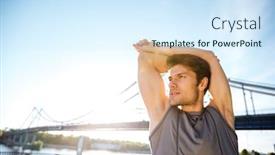  Presentation with railing - Audience pleasing theme consisting of handsome young sports man doing stretching at the bridge railing and looking away outdoors backdrop and a sky blue colored foreground