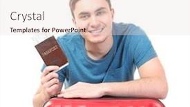  Presentation with luggage - Audience pleasing slide deck consisting of handsome young tourist with luggage on white background backdrop and a lemonade colored foreground