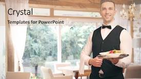  Presentation with restaurant waiter - Amazing theme having handsome young waiter at restaurant backdrop and a coral colored foreground