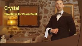  Presentation with restaurant waiter - Theme with handsome young waiter at restaurant background and a tawny brown colored foreground