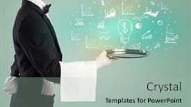 Presentation with waiter - Presentation design featuring handsome-young-waiter-in-tuxedo background and a mint green colored foreground