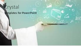  Presentation with waiter - Presentation design having handsome-young-waiter-in-tuxedo background and a mint green colored foreground