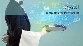  Presentation with waiter - Presentation theme having handsome-young-waiter-in-tuxedo background and a  colored foreground