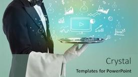  Presentation with waiter - Presentation theme having handsome-young-waiter-in-tuxedo background and a mint green colored foreground