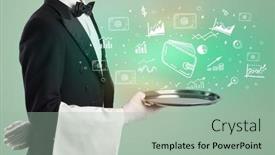  Presentation with waiter - PPT layouts with handsome-young-waiter-in-tuxedo background and a mint green colored foreground