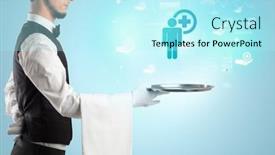  Presentation with waiter - PPT theme with handsome-young-waiter-in-tuxedo background and a arctic colored foreground