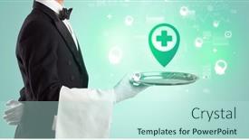  Presentation with waiter - PPT theme enhanced with handsome-young-waiter-in-tuxedo background and a cool aqua colored foreground
