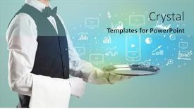  Presentation with waiter - Presentation theme featuring handsome-young-waiter-in-tuxedo background and a  colored foreground