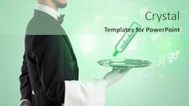  Presentation with waiter - Presentation design having handsome-young-waiter-in-tuxedo background and a soft green colored foreground