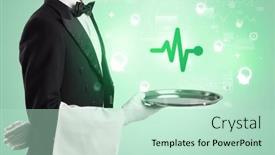  Presentation with waiter - Slide set featuring handsome-young-waiter-in-tuxedo background and a mint green colored foreground