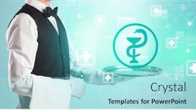  Presentation with waiter - PPT theme featuring handsome-young-waiter-in-tuxedo background and a arctic colored foreground