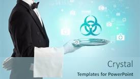  Presentation with waiter - Slide deck having handsome-young-waiter-in-tuxedo background and a sky blue colored foreground