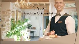  Presentation with restaurant waiter - PPT layouts with handsome young waiter serving dessert at restaurant background and a coral colored foreground
