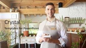  Presentation with restaurant waiter - PPT layouts consisting of handsome young waiter with notebook and pen at restaurant background and a soft green colored foreground