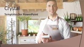  Presentation with restaurant waiter - Slide deck having handsome young waiter with notebook and pen at restaurant background and a coral colored foreground