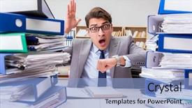  Presentation with busy work - Beautiful slide deck featuring handwatch - busy businessman under stress due backdrop and a light blue colored foreground