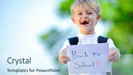  Presentation with child boy hold basket - Colorful slide deck enhanced with handwritten sign back to school backdrop and a sky blue colored foreground