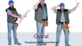  Presentation with builder - Slide deck consisting of handy man - chubby builder holding plans background and a light blue colored foreground