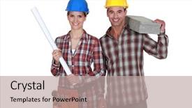  Presentation with safety construction worker in construction - Colorful presentation enhanced with handy man - couple of construction worker backdrop and a  colored foreground